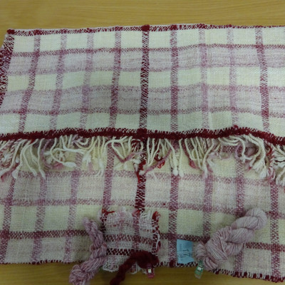 Woven lap blanket in red and white.